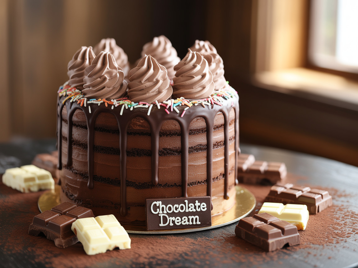 Decadent chocolate cake with rich frosting and sprinkles