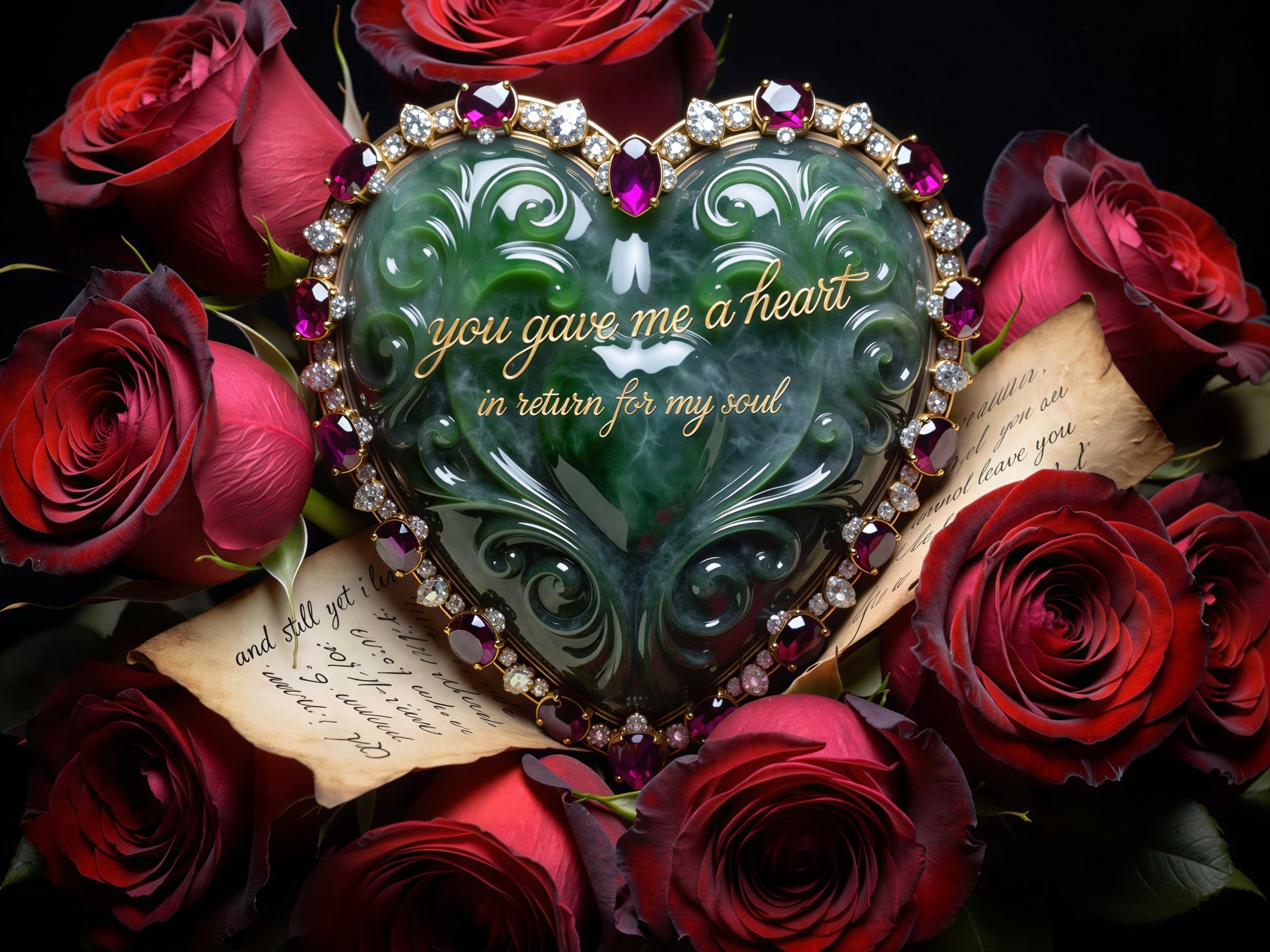 Jade Heart Locket Surrounded by Dark Red Roses