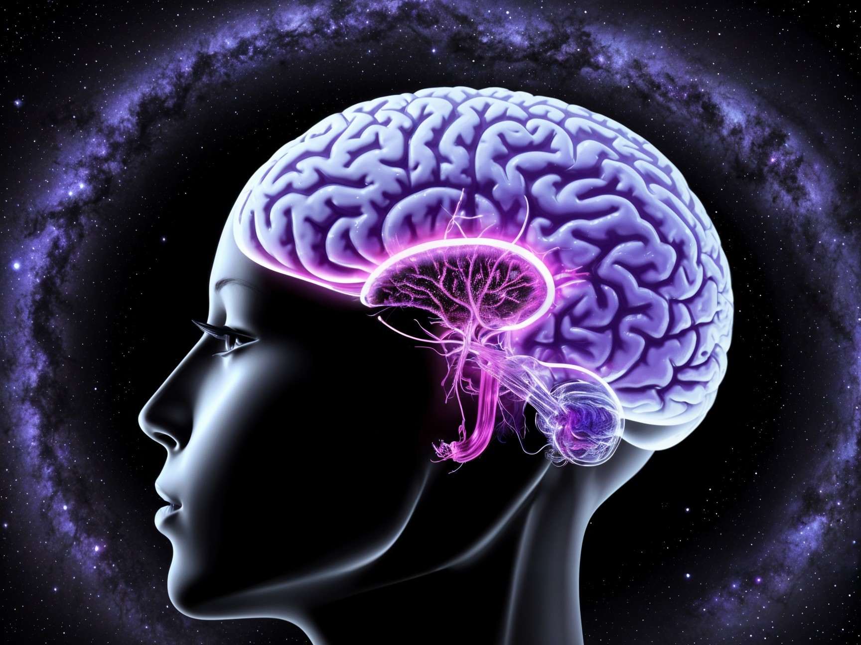 Stylized Purple Brain in Cosmic Human Silhouette