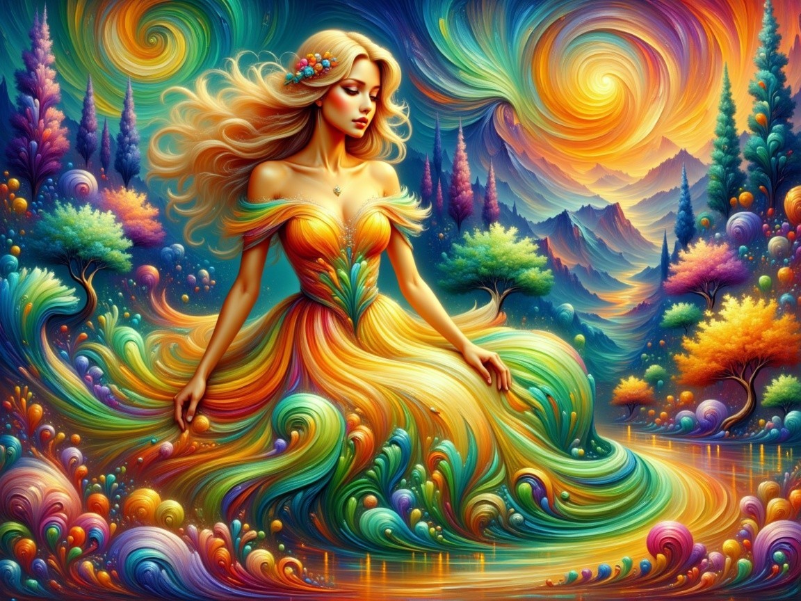 Ethereal Scene with Flowing Gown and Whimsical Landscape