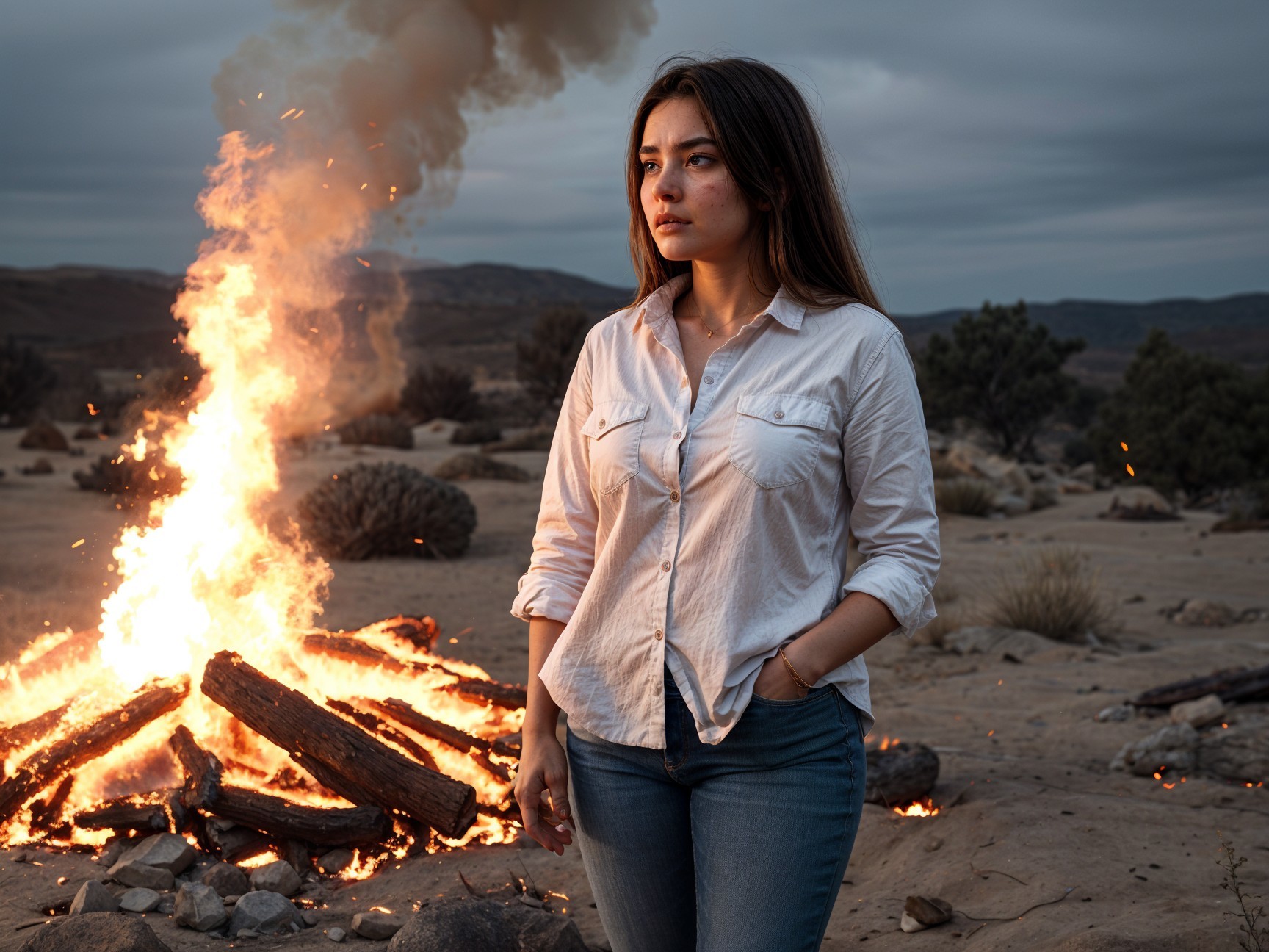 Young woman by fire in desert landscape at dusk