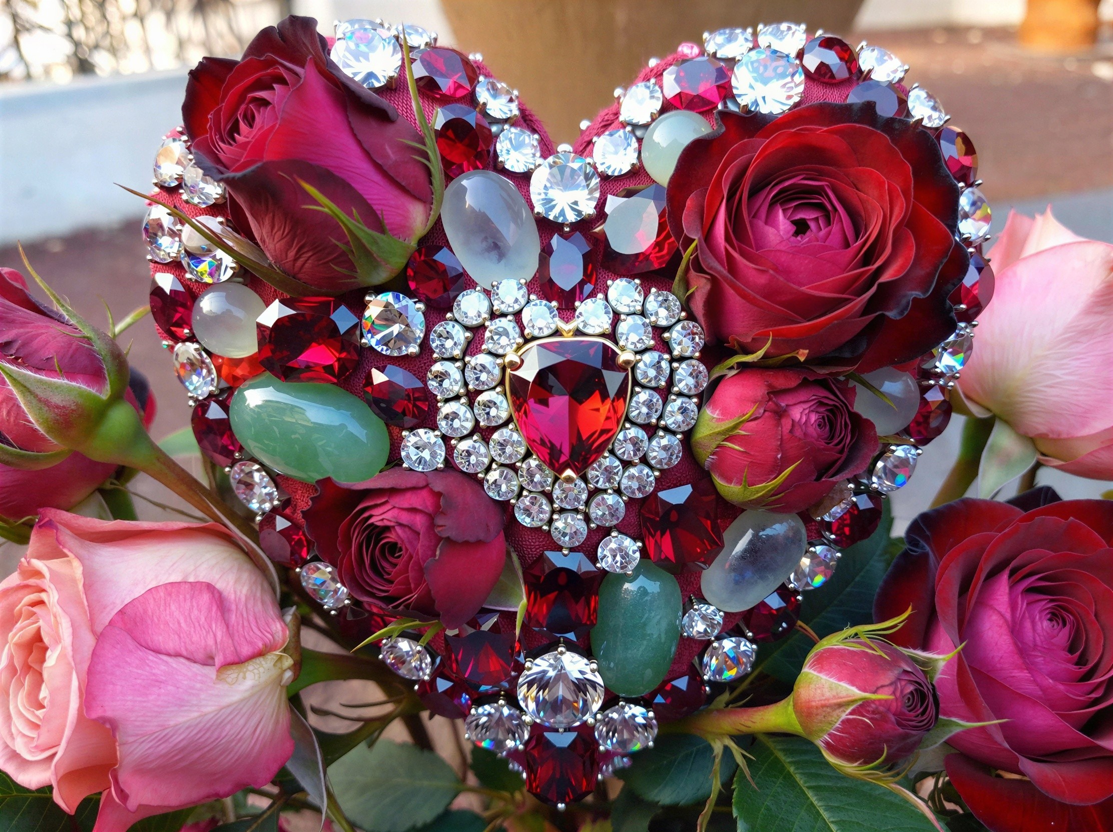 Heart-Shaped Brooch with Red Gemstone and Diamonds
