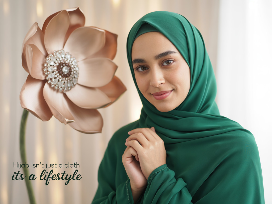 Young Woman in Green Hijab with Elegant Flower