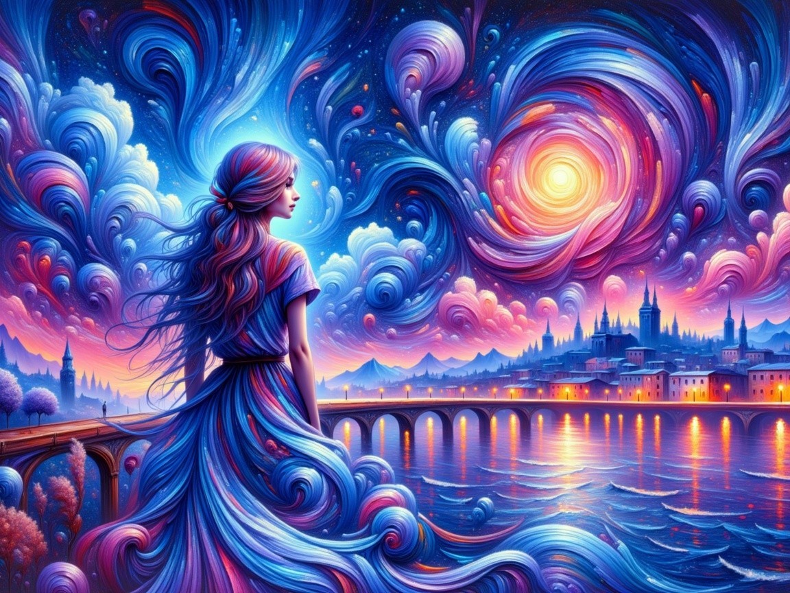 Vibrant Dreamlike Scene of a Woman by a River