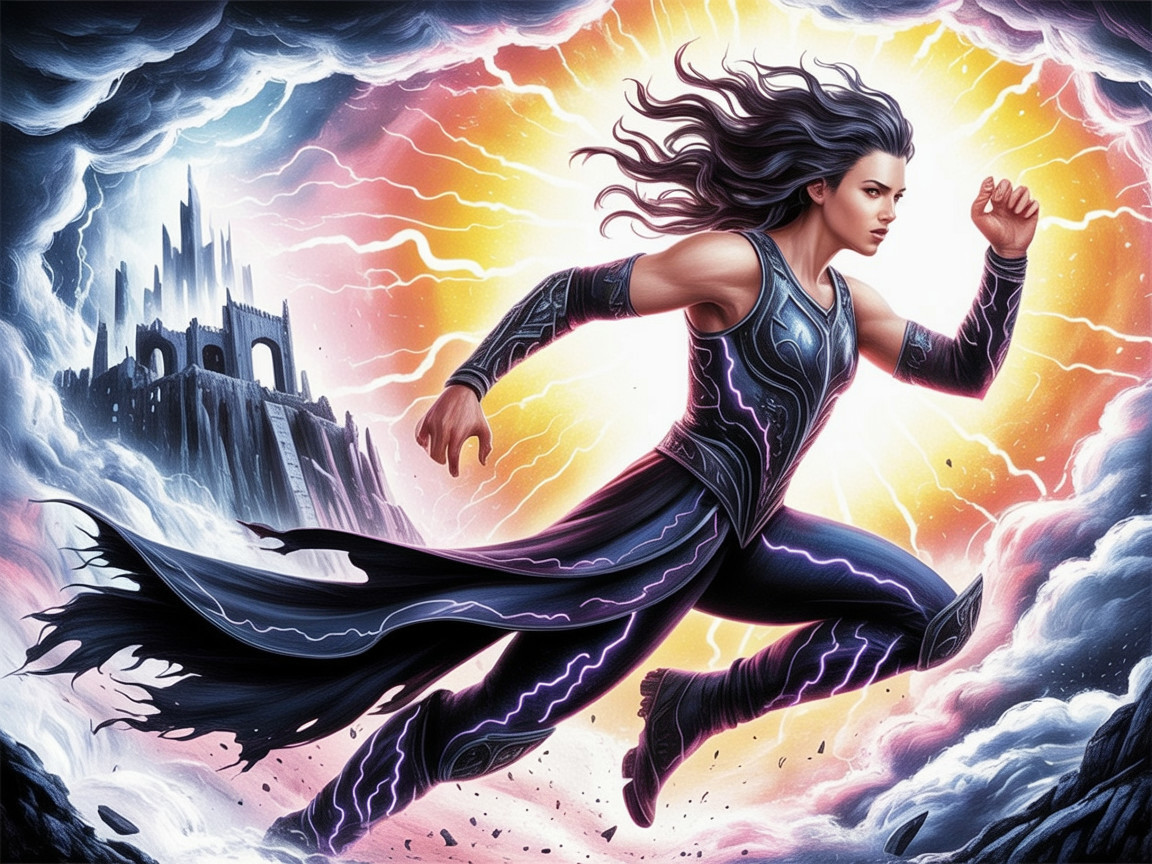 Dynamic Landscape with Lightning and a Powerful Figure