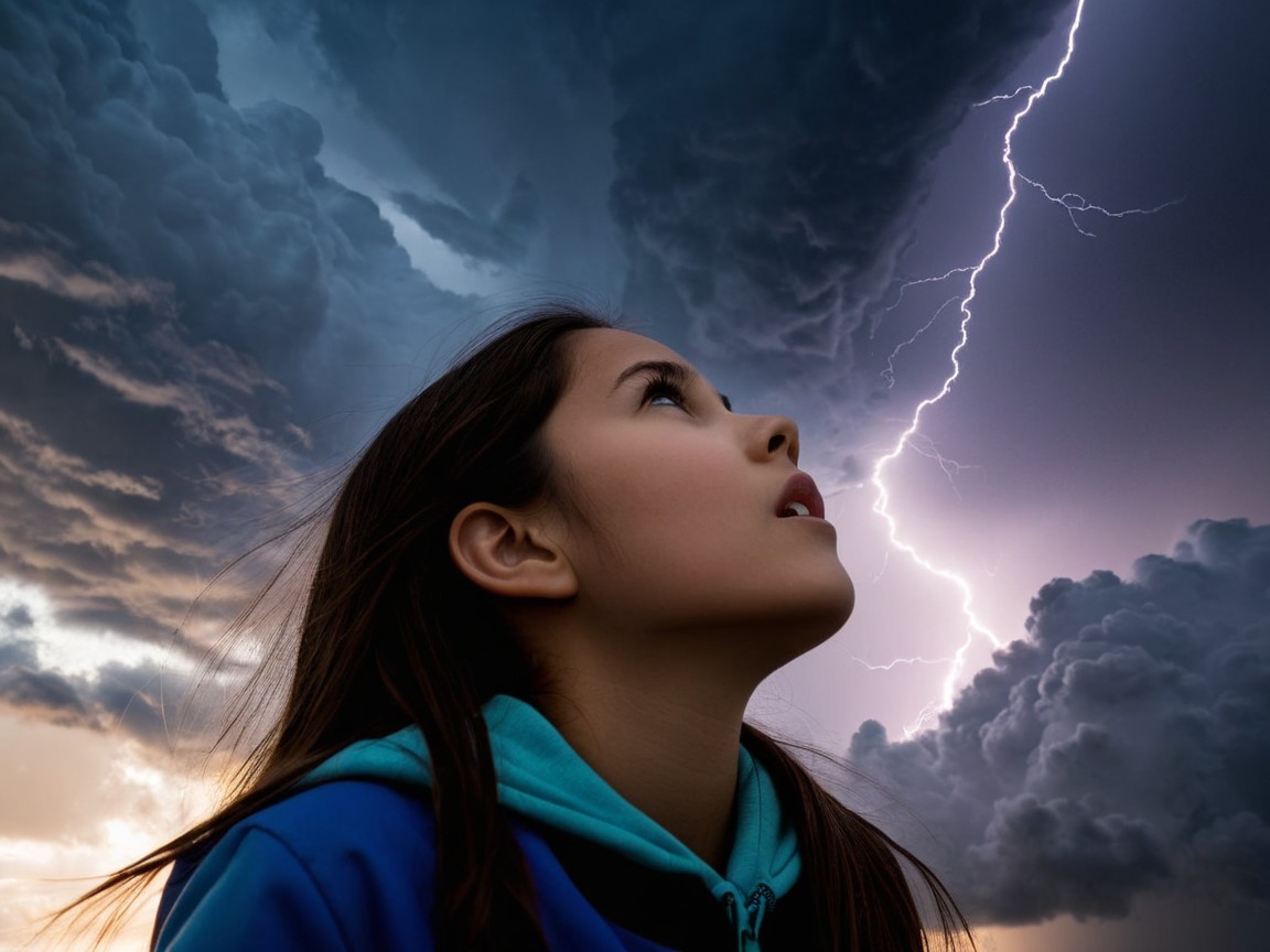 Young girl in awe of dramatic lightning-filled sky