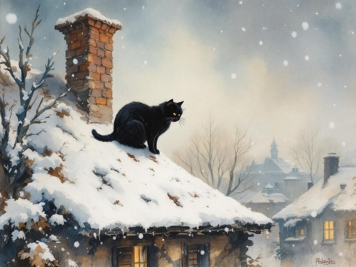 Winter Scene with Black Cat on Snowy Rooftop