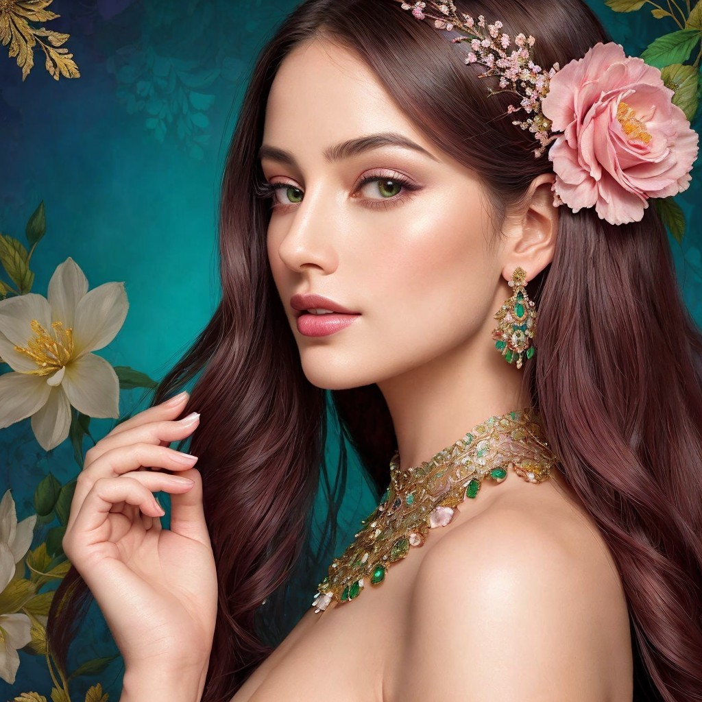 Portrait of a woman with floral accents and jewelry