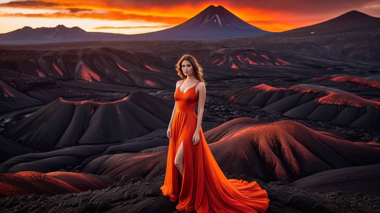 Woman in Red Dress on Volcanic Landscape at Sunset