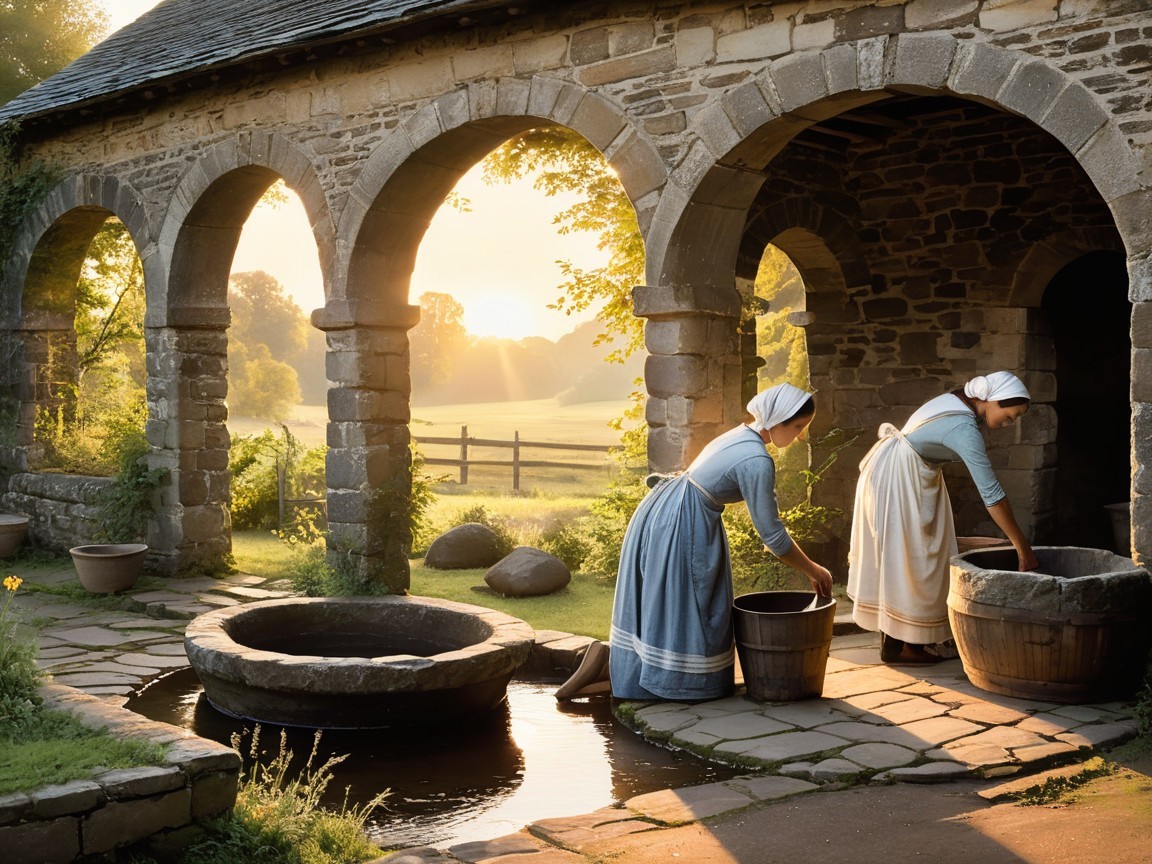 Traditional Attire and Laundry in a Serene Landscape