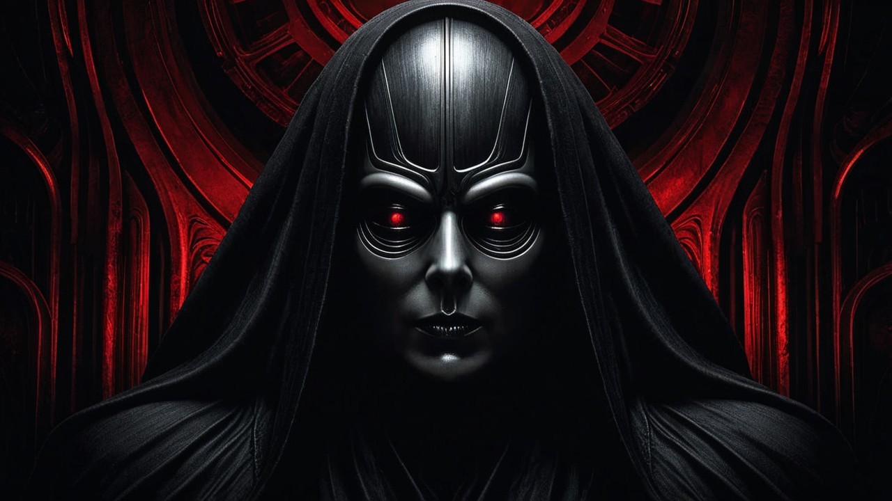 Dark Cloaked Figure with Red Eyes in Mysterious Setting