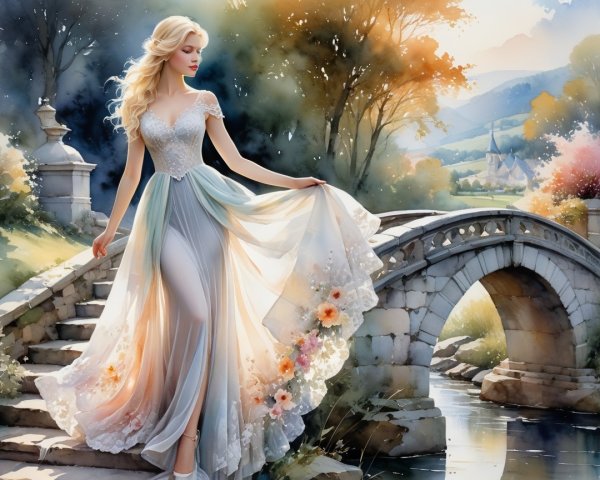Woman in flowing gown on a stone bridge by a river