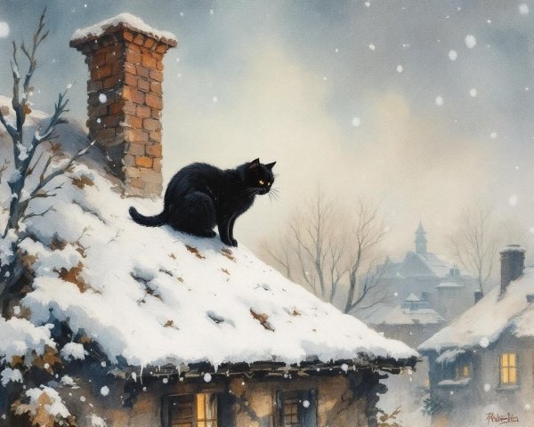 Winter Scene with Black Cat on Snowy Rooftop