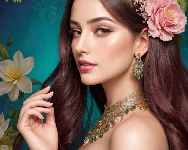Portrait of a woman with floral accents and jewelry
