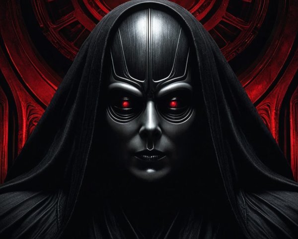 Dark Cloaked Figure with Red Eyes in Mysterious Setting