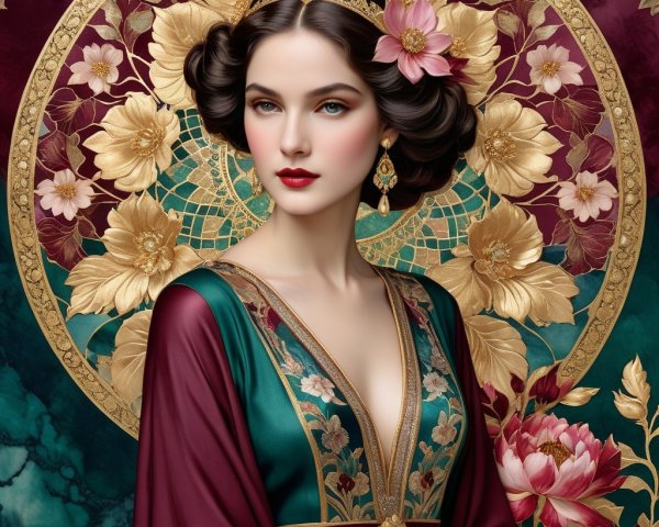 Portrait of a woman in an elegant floral gown