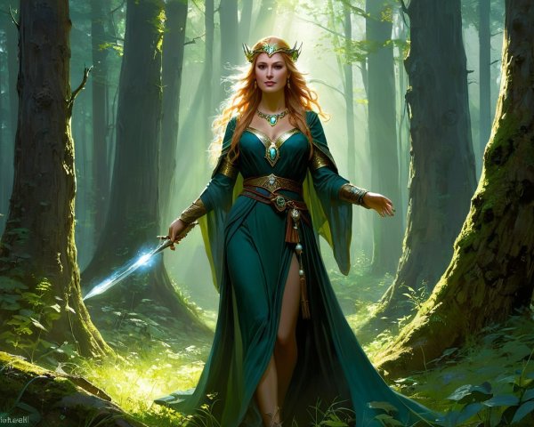 Regal figure in emerald gown in a mystic forest