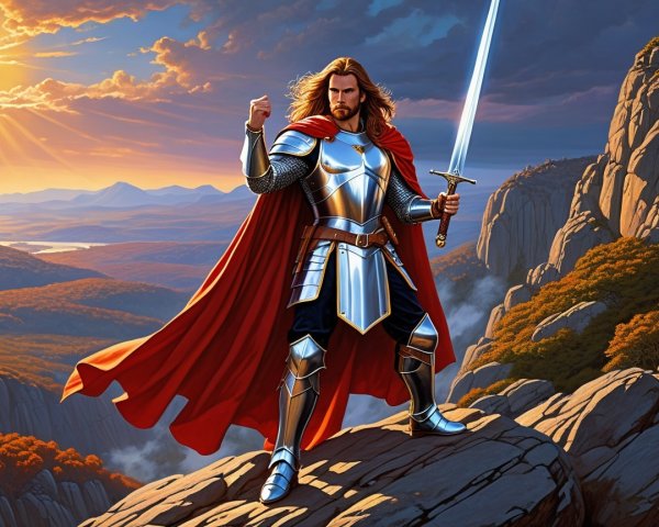 Heroic figure in silver armor with a red cape at sunset