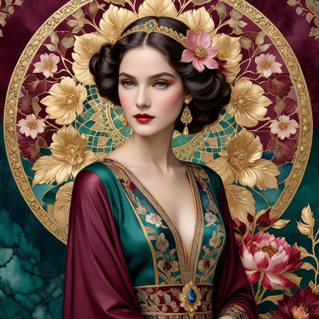 Portrait of a woman in an elegant floral gown
