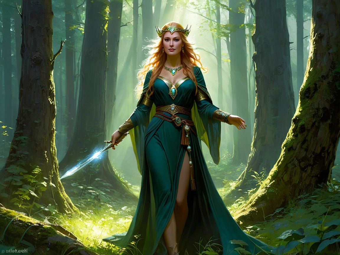 Regal figure in emerald gown in a mystic forest
