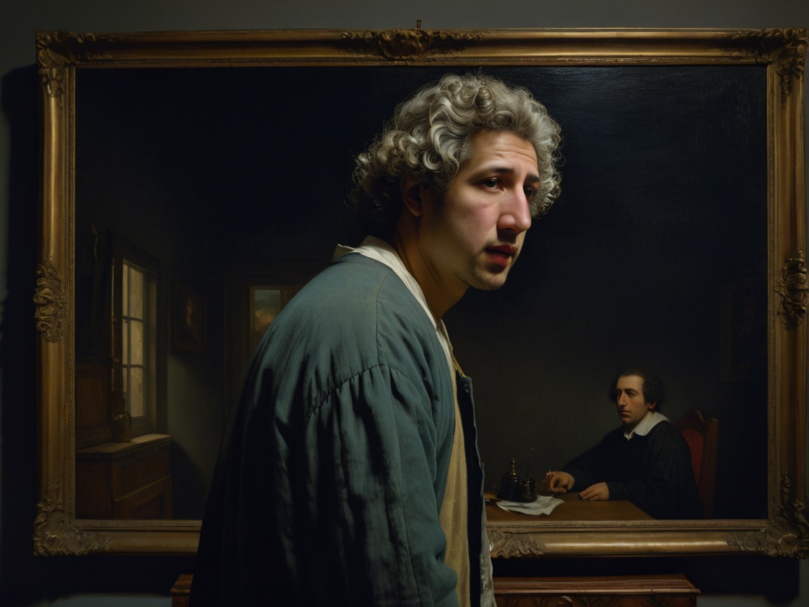 Young Man in Historical Outfit Before Ornate Painting
