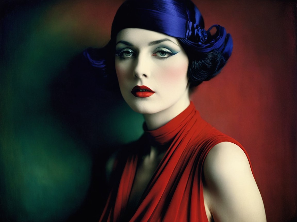 Vintage Portrait of a Woman in Elegant Red Dress