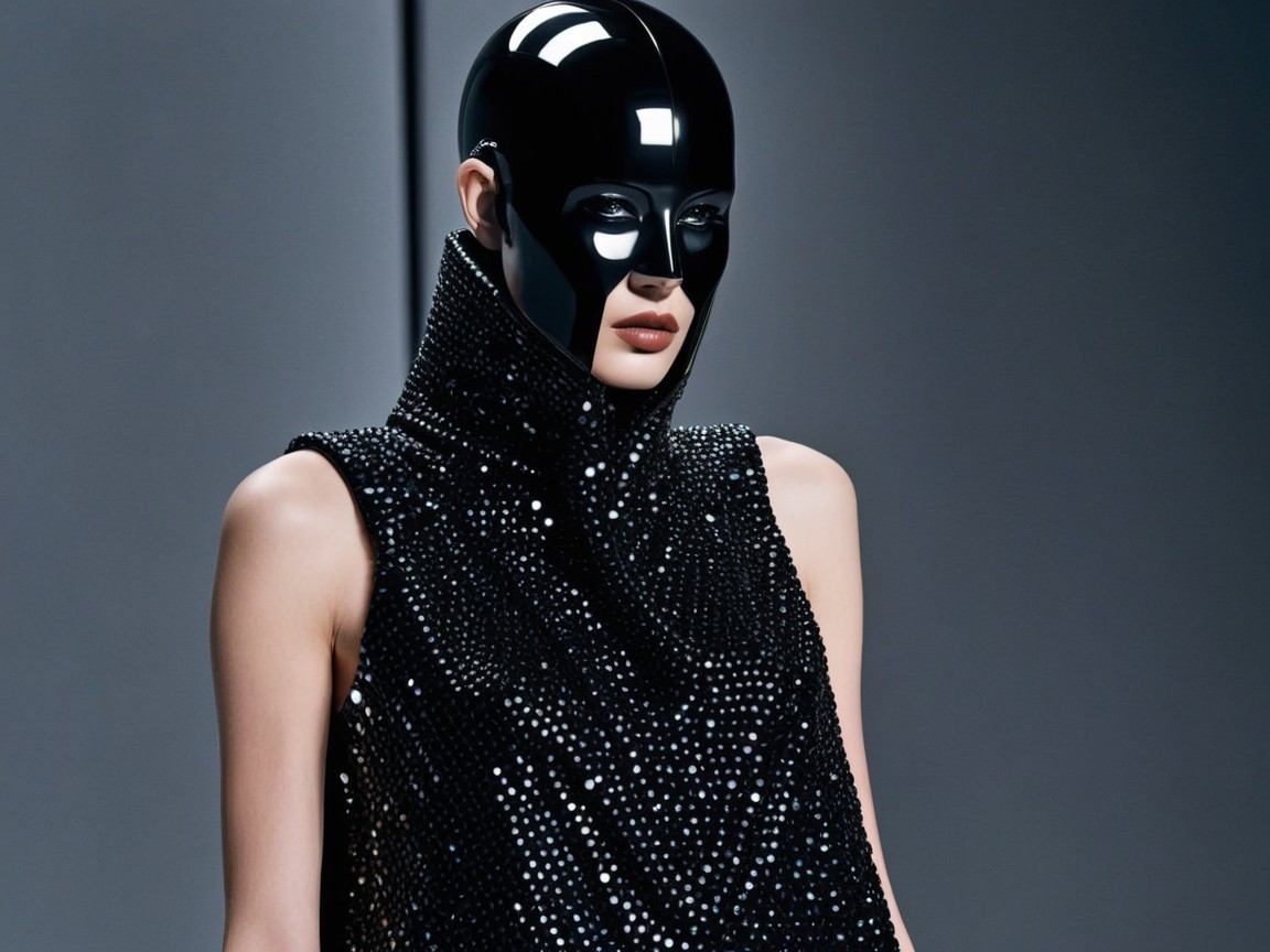 Avant-Garde Outfit with High Collar and Black Mask