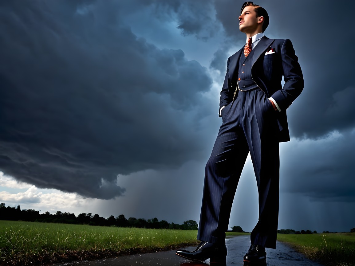 Confidently Dressed Man on Road Under Dramatic Sky