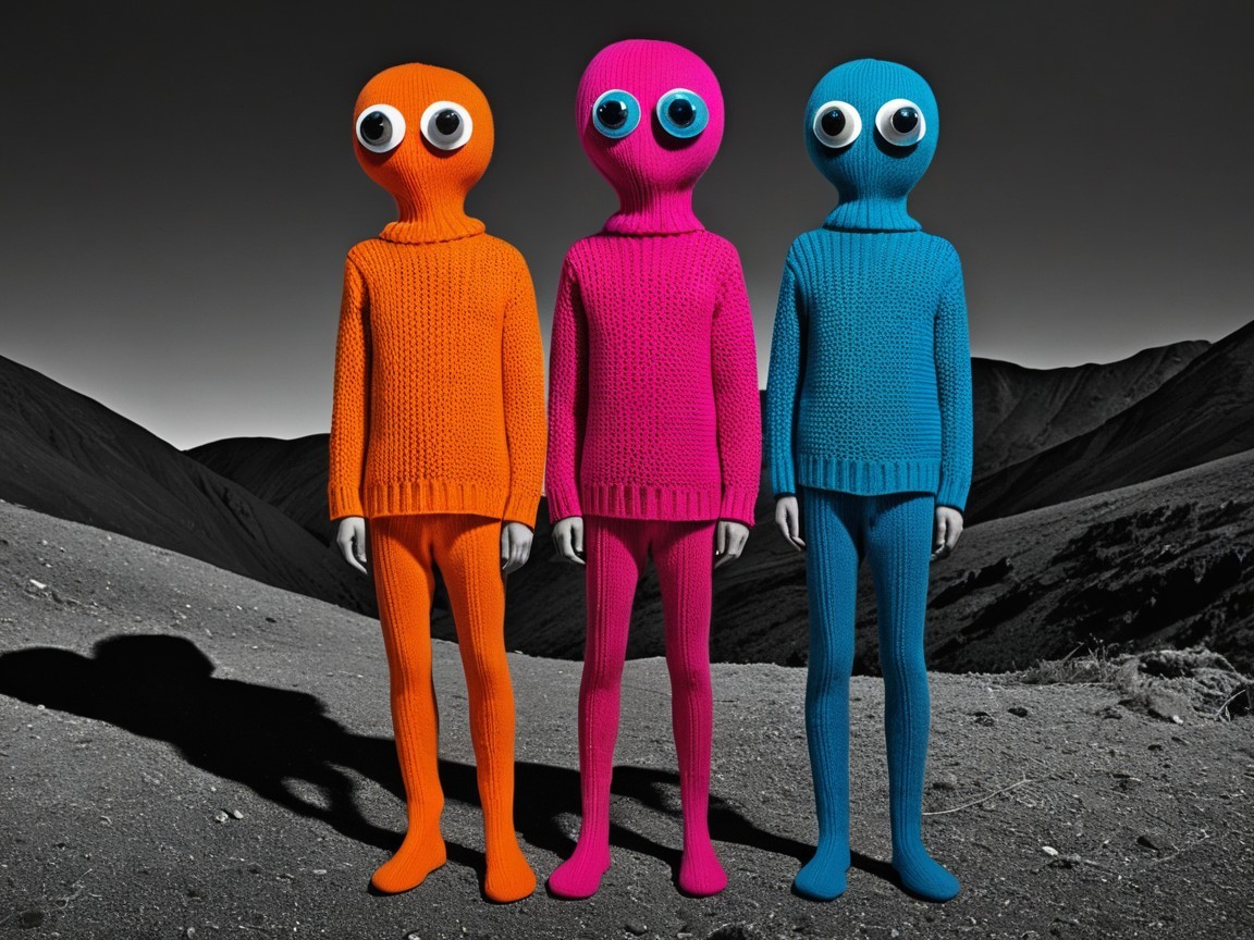Whimsical Figures in Vibrant Knit Outfits on Barren Land