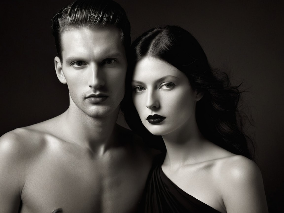 Black-and-white portrait of male and female models