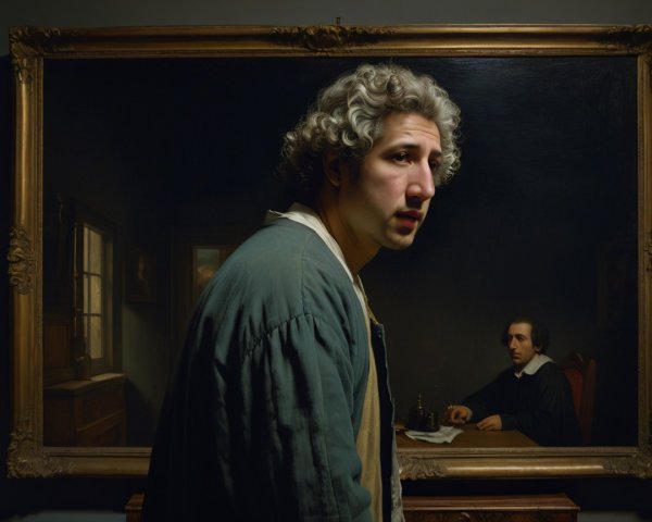 Young Man in Historical Outfit Before Ornate Painting
