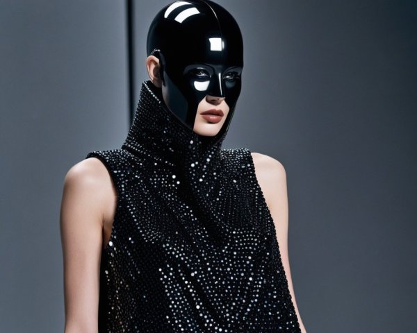 Avant-Garde Outfit with High Collar and Black Mask