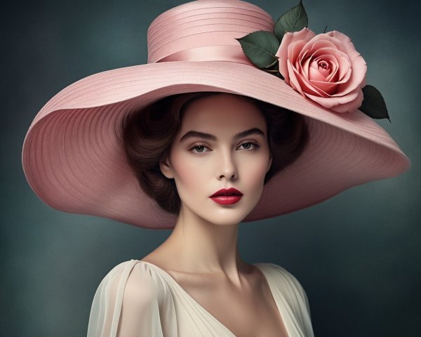 Elegant Woman in Pale Pink Hat and Flowing Dress
