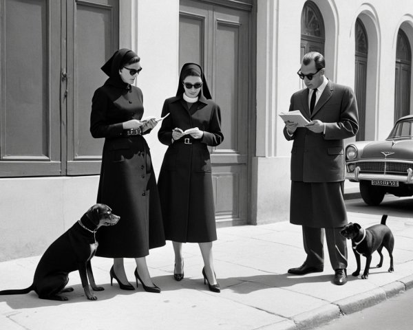 Elegant Black-and-White Scene with Stylish Individuals