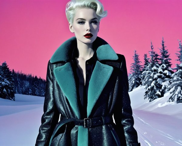 Model in Black Coat Against Pink Sky and Snow Landscape