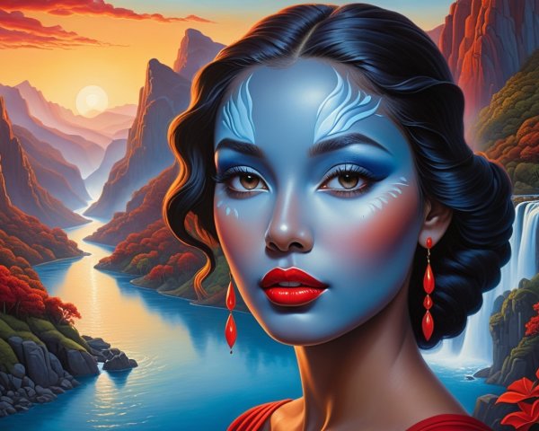 Portrait of a Woman with Blue Skin and Scenic Landscape