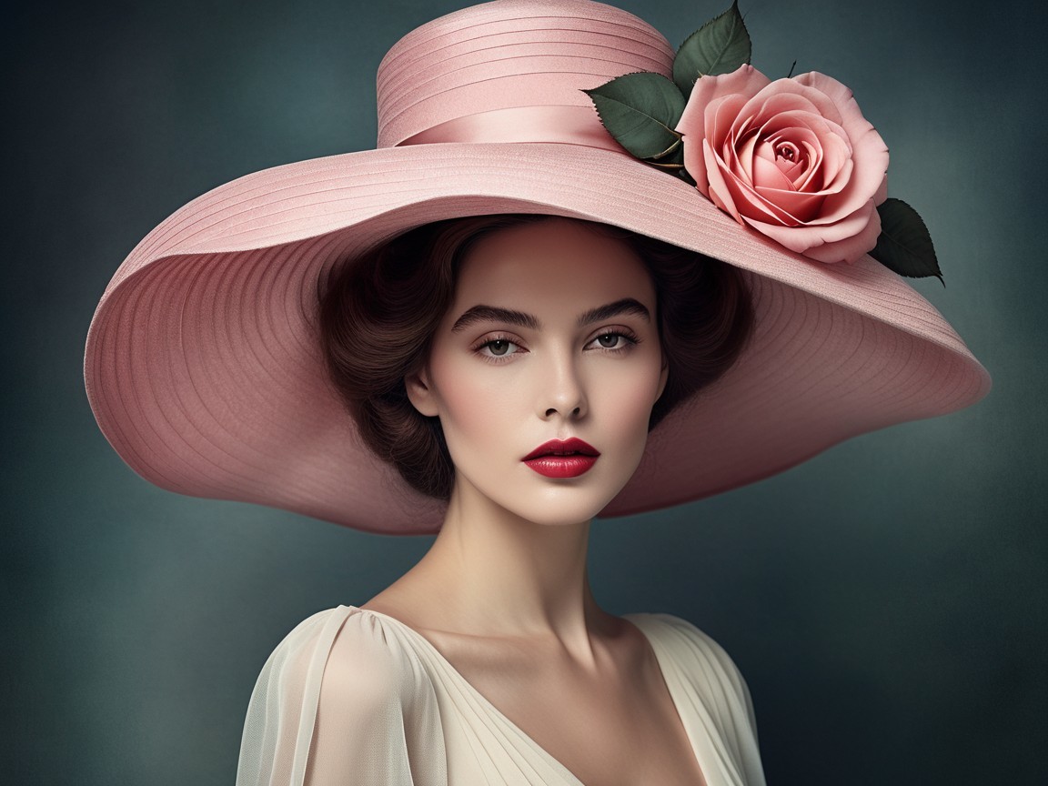 Elegant Woman in Pale Pink Hat and Flowing Dress