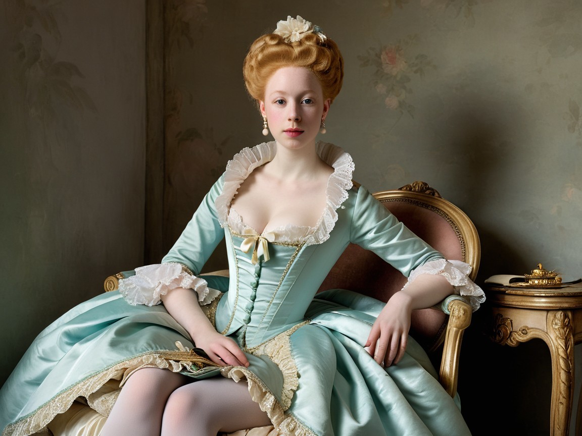 Elegant young woman in pale blue gown in lavish setting