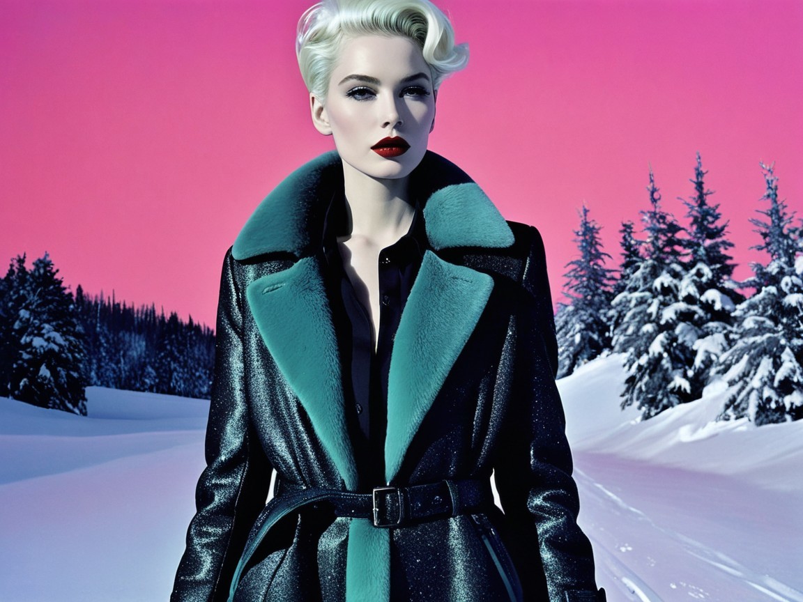 Model in Black Coat Against Pink Sky and Snow Landscape