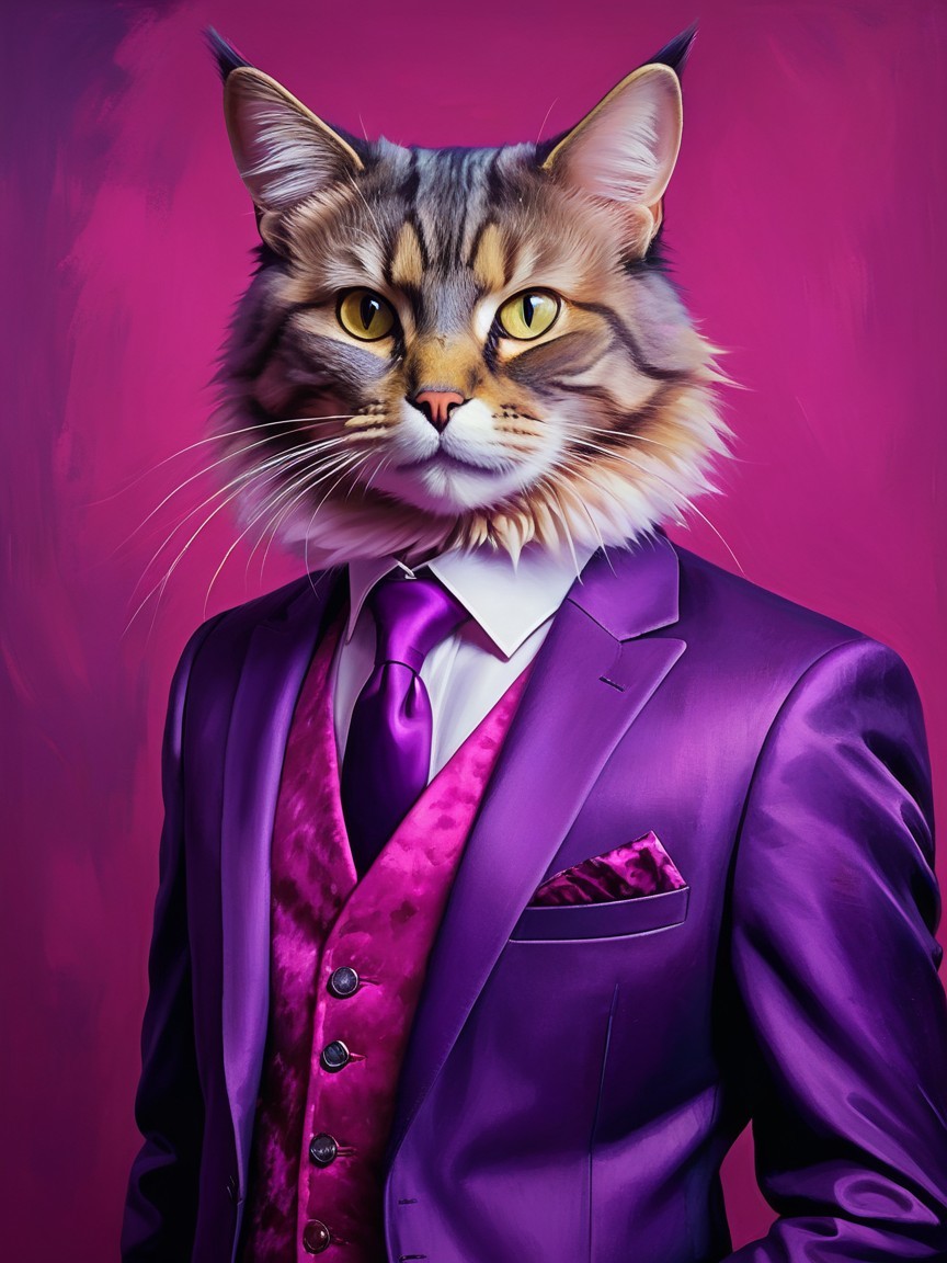 Whimsical Character with Cat Head and Purple Suit
