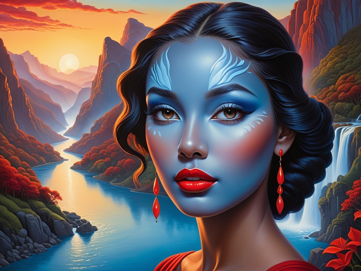 Portrait of a Woman with Blue Skin and Scenic Landscape