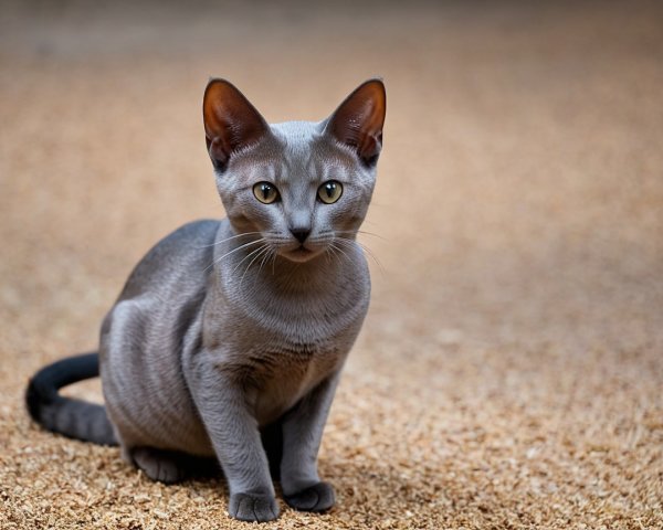 Elegant Gray Cat with Bright Eyes on Sandy Surface