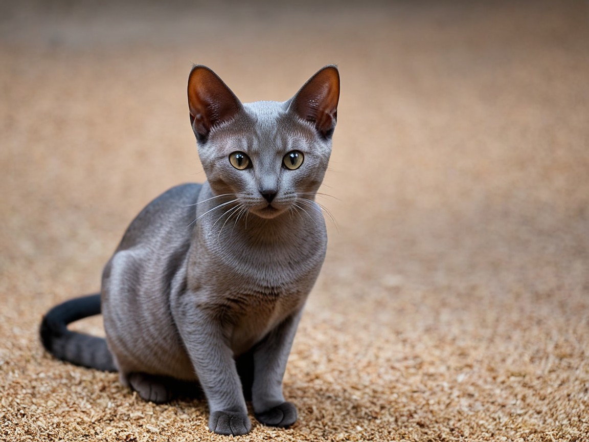 Elegant Gray Cat with Bright Eyes on Sandy Surface