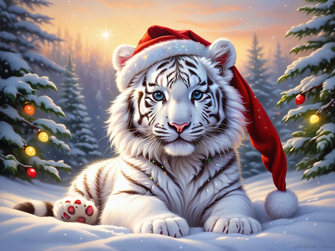 White tiger in Santa hat in snowy festive landscape