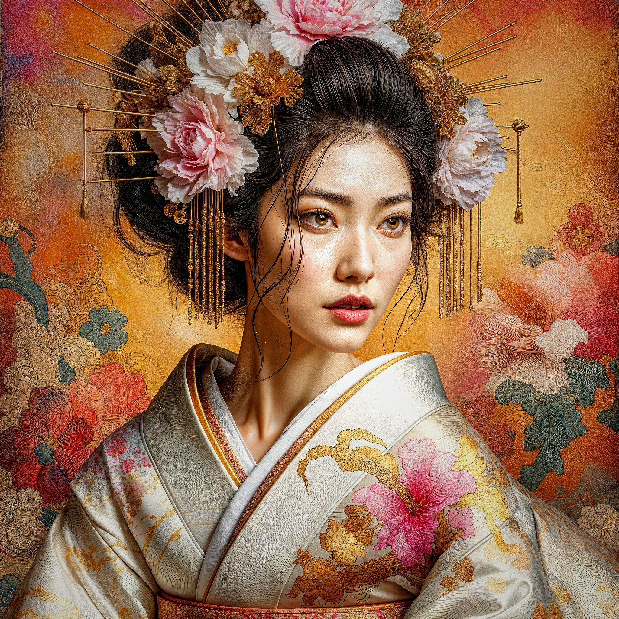 Portrait of a woman in a floral kimono with hair adornments