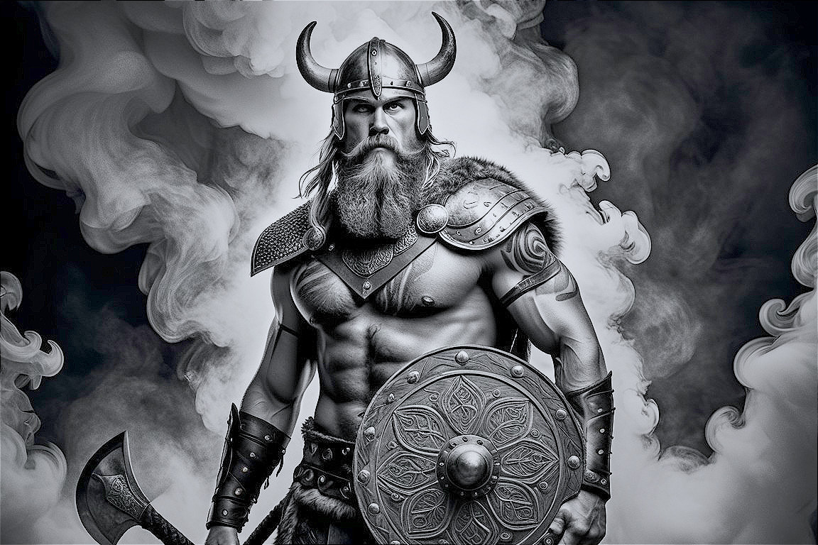 Muscular Viking in Armor Surrounded by Smoke