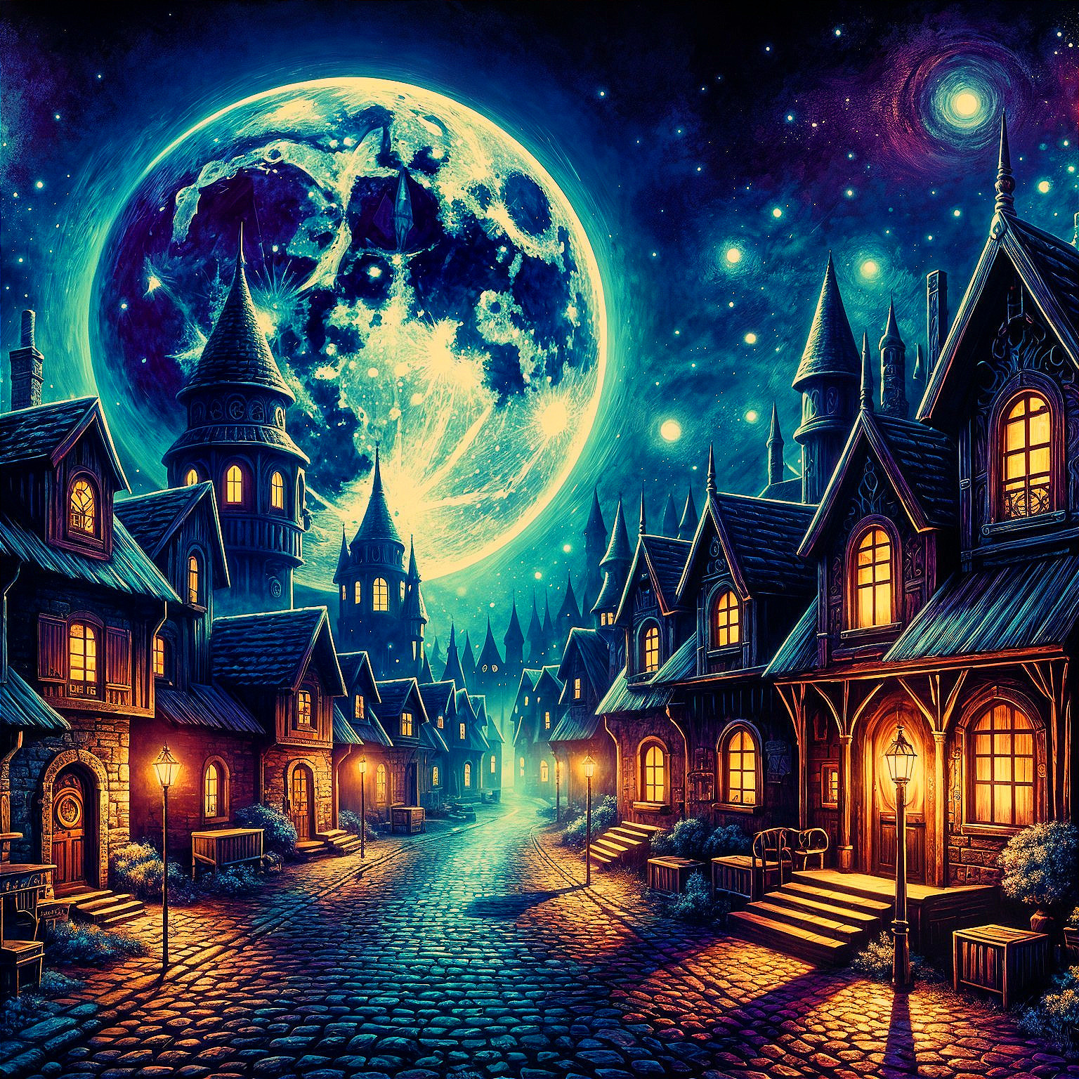 Whimsical Starry Night Scene with Illuminated Cottages