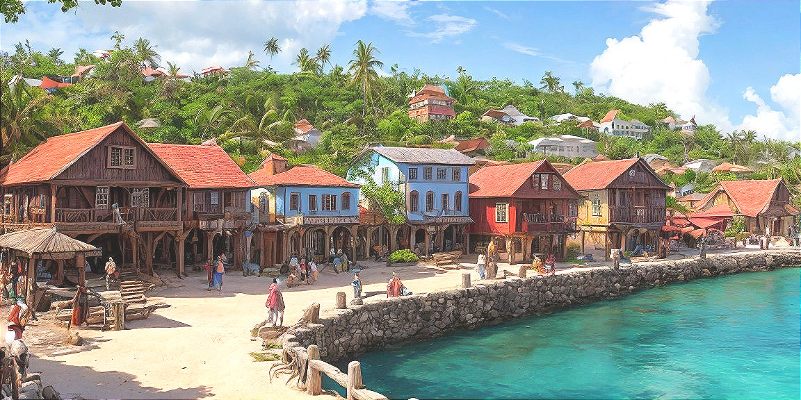 Charming Coastal Village with Vibrant Buildings and Beach