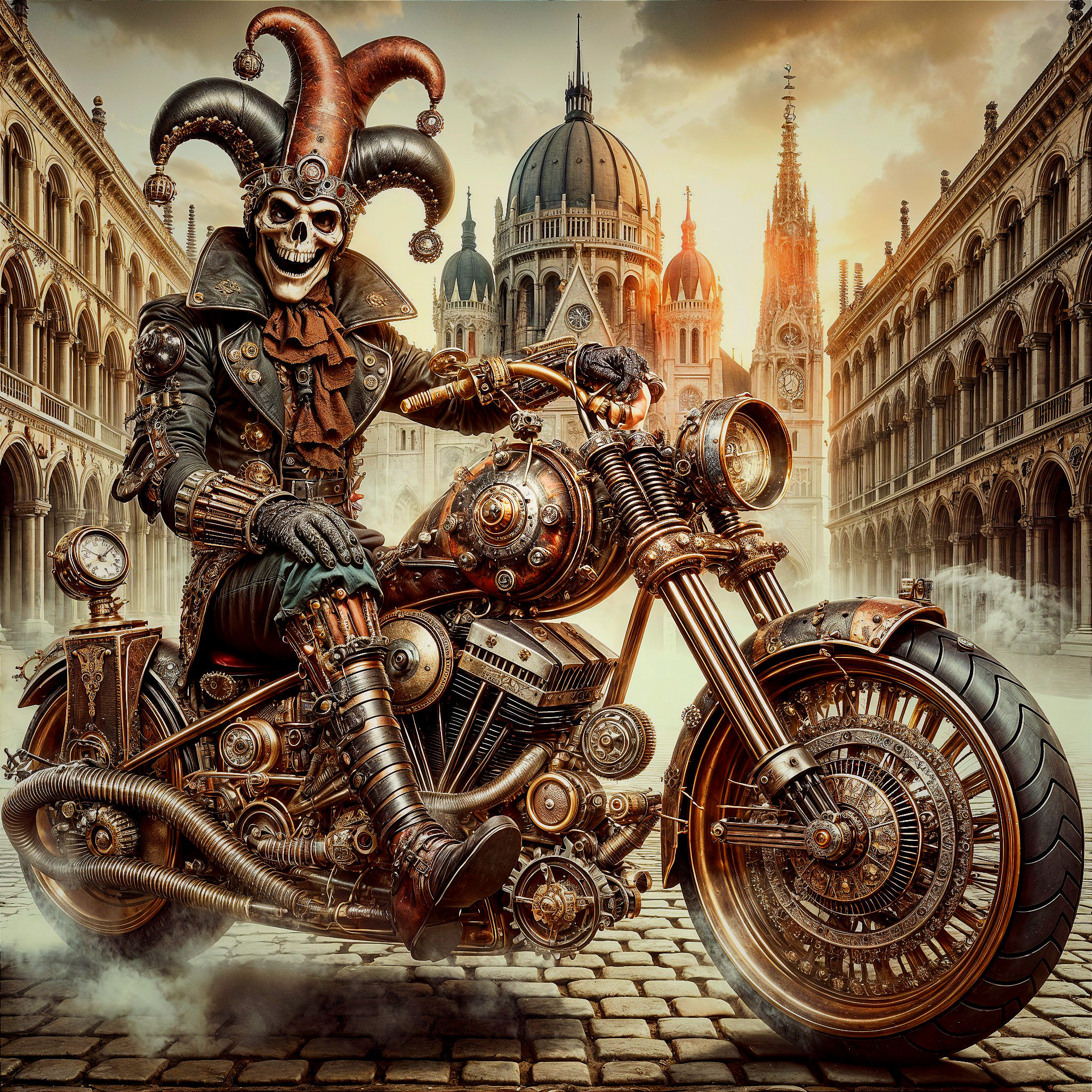 Skeletal Jester on Steampunk Motorcycle in Cityscape