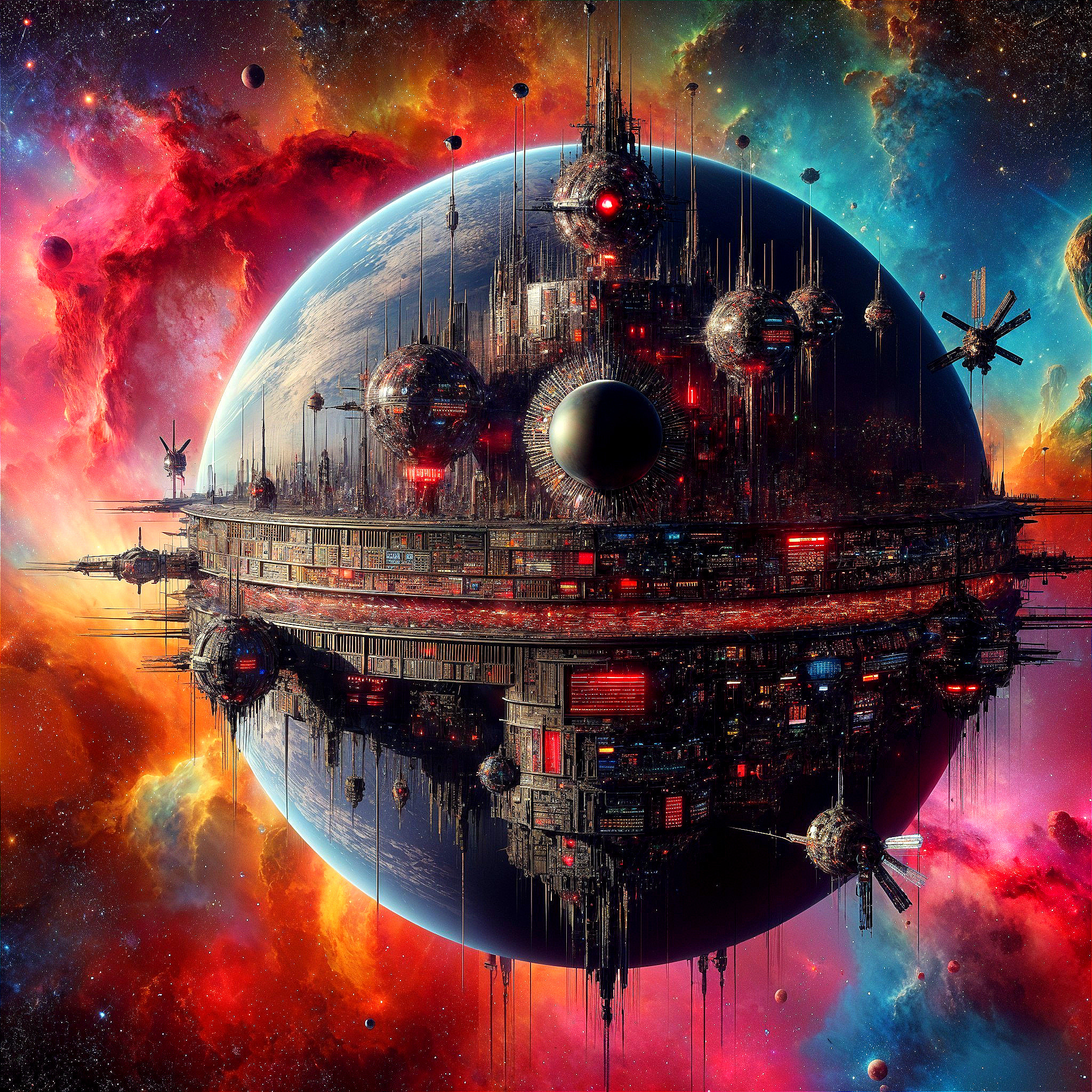 Futuristic Space Station Orbiting a Colorful Planet